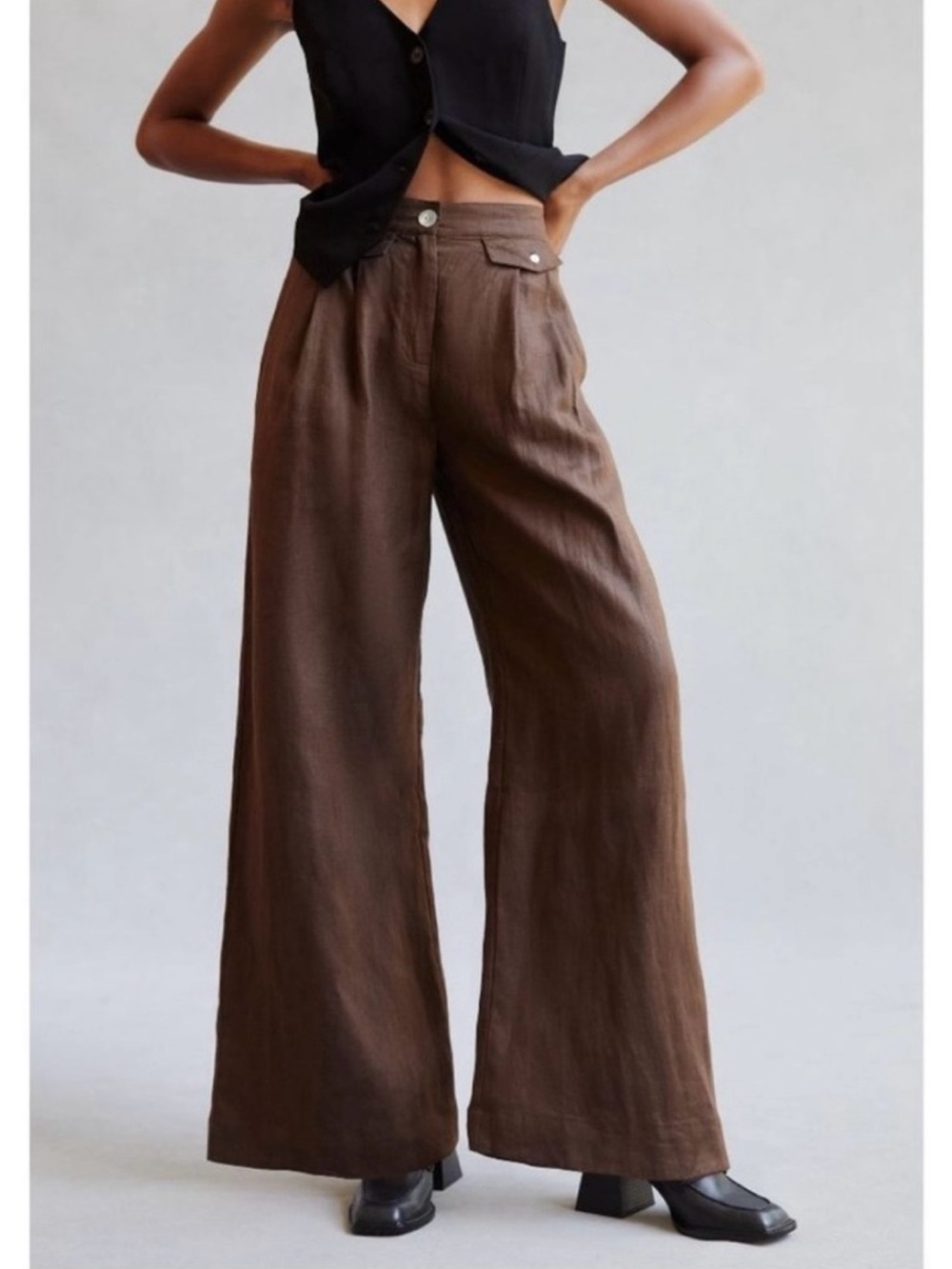 Wide Leg Linen-Blend Pants in Dark Brown